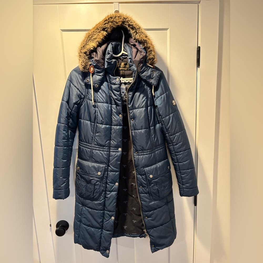 Barbour Blue Puffer Jacket with Fur Trim